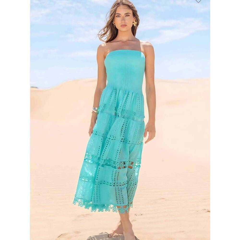 Strapless Aqua Eyelet Midi Dress